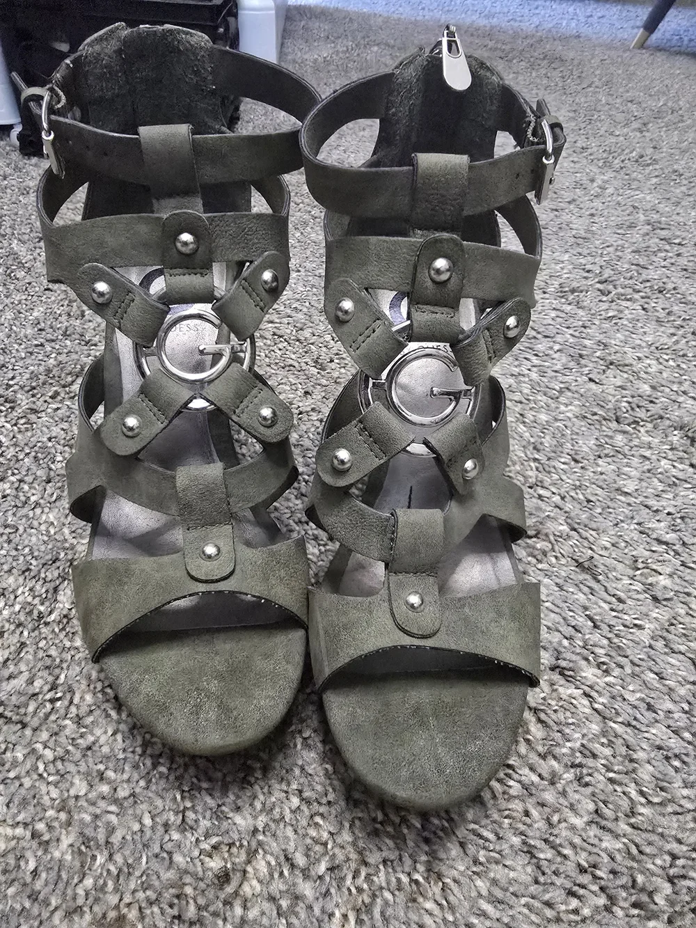 G by Guess Olive Green Suede Strappy Stud Wedge Sandals